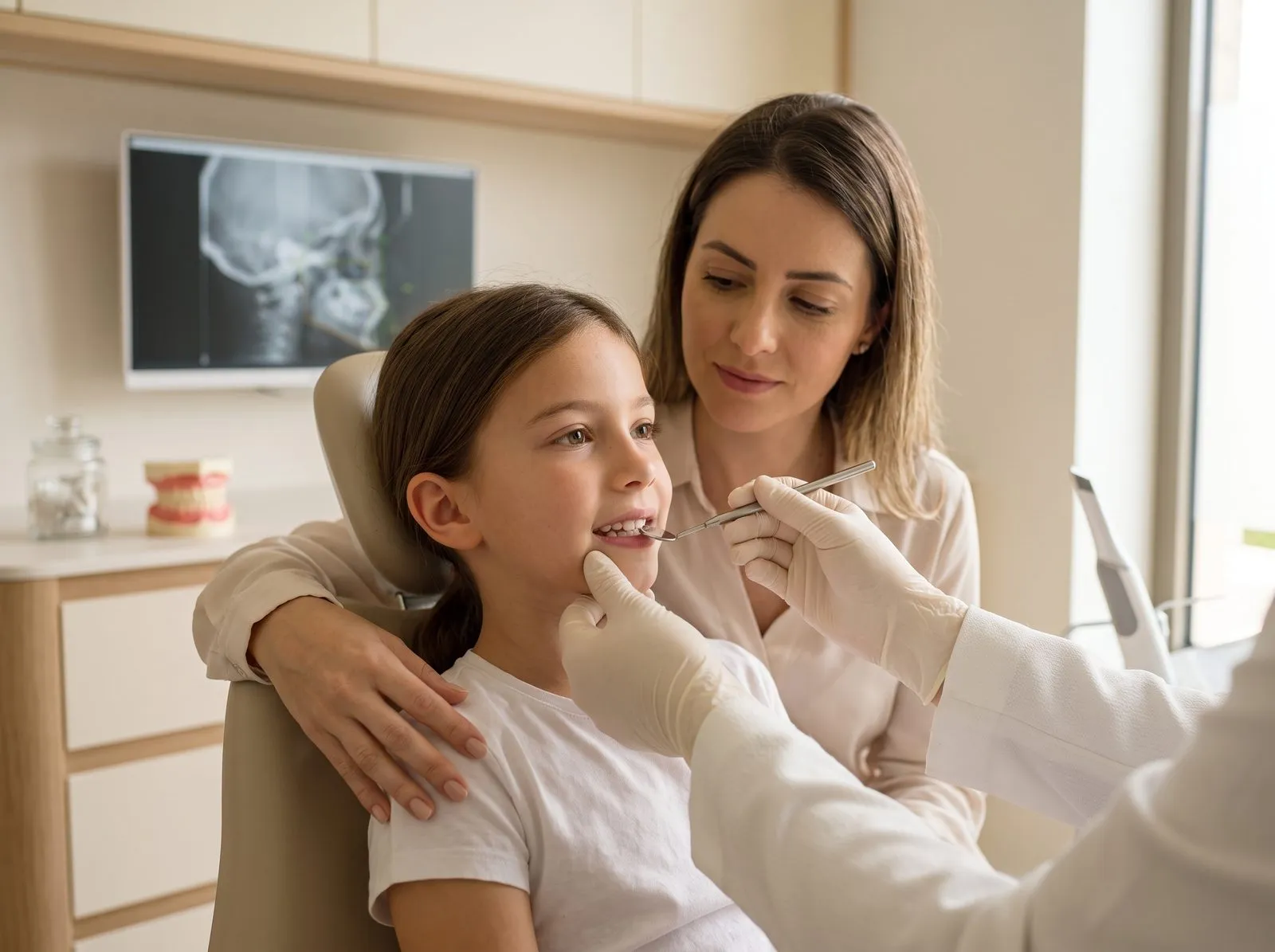 Criança acompanhada da mãe durante consulta odontológica.