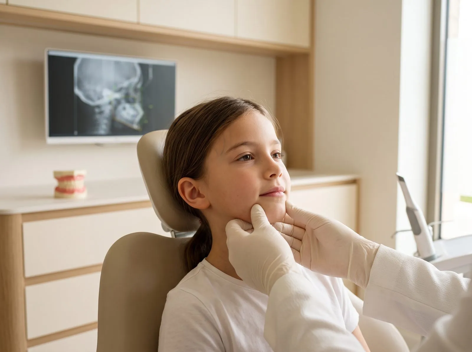 Criança durante avaliação odontológica, com radiografia cefalométrica na tela.